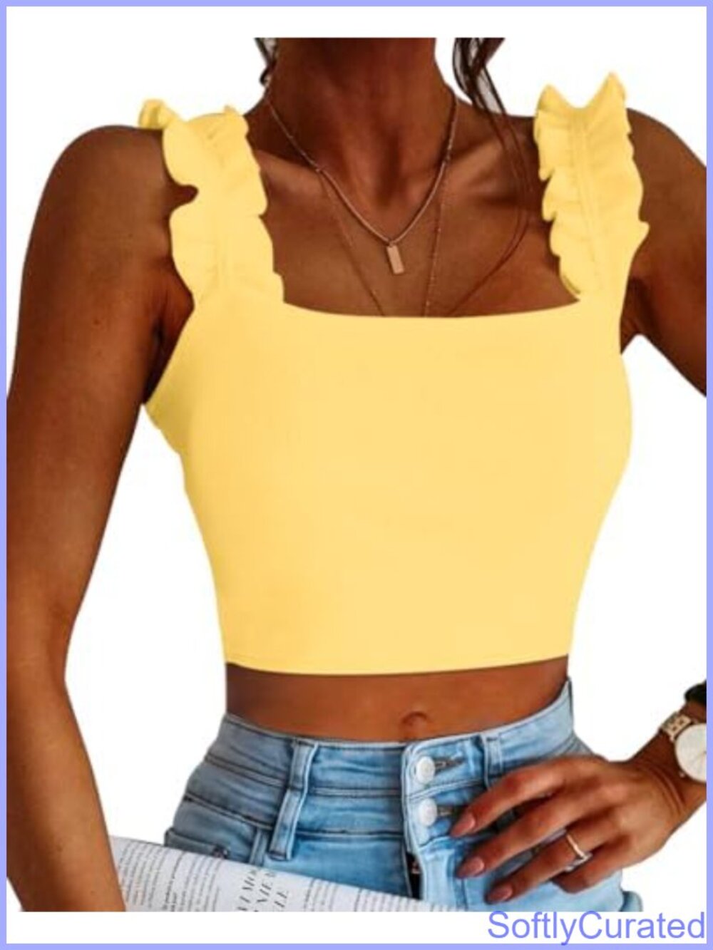 Ribbed Ruffle Strap Square Neck Backless Crop Tank Top